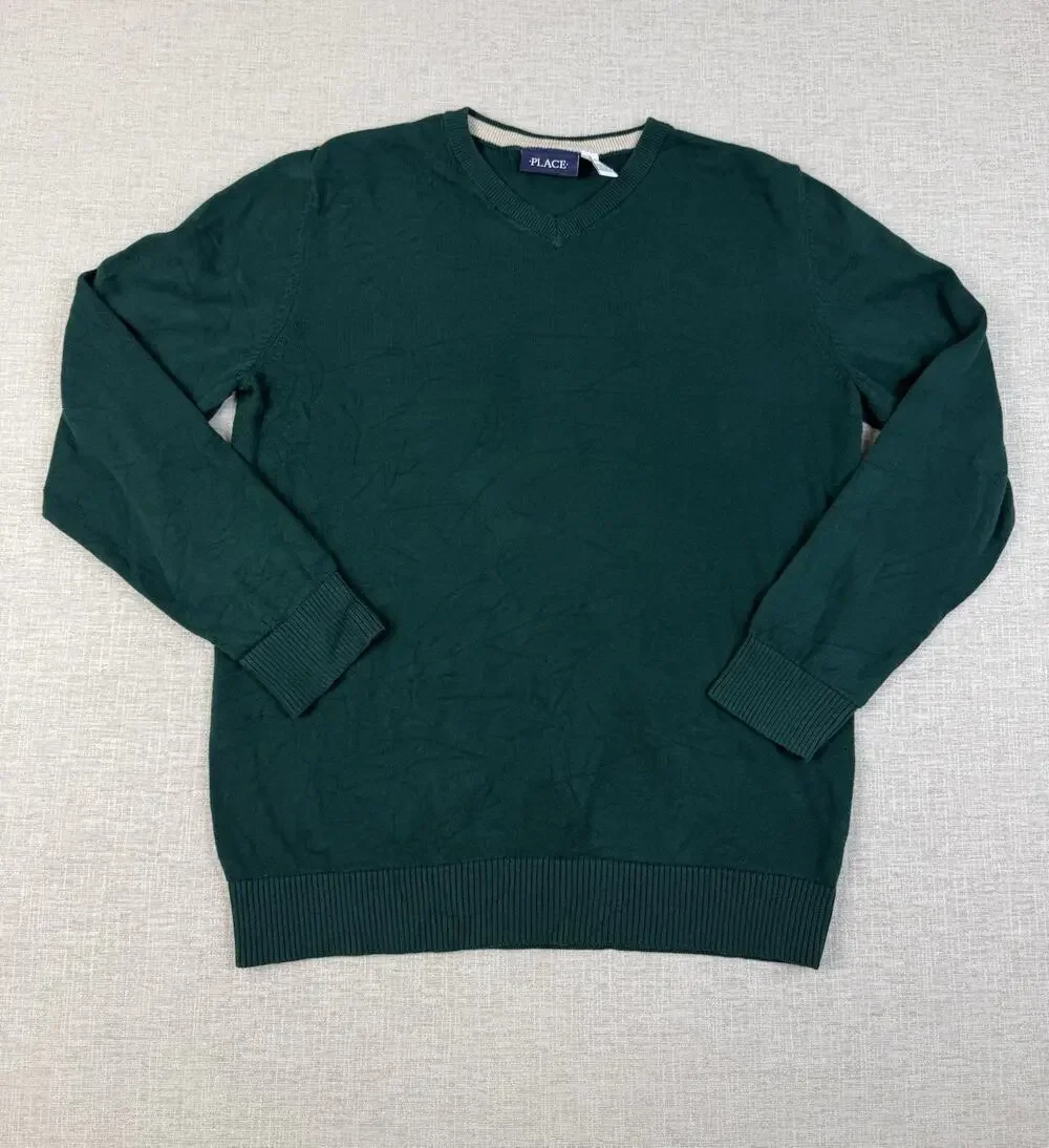 The Children’s Place Sweater Boys 16 XXL Green Cotton V-Neck Pullover